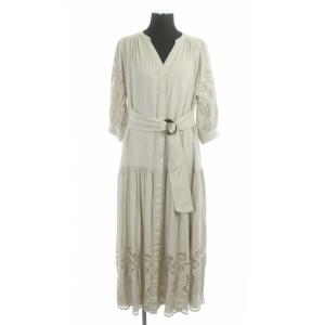 カットワークワンピース ロング 七分袖 前開き ギャザー キャミソール付き 36 ライトグレージュ