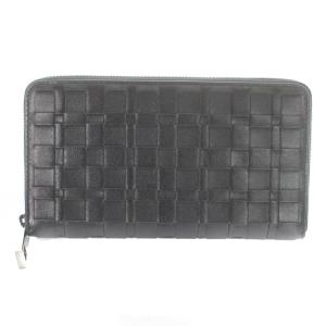 長財布 レザー 編み込み ラウンドファスナー 黒 ブラック