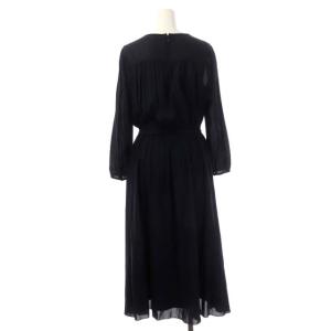 ANAYI ギャザーワンピース 七分袖 フレア ロング ベルトリボン クルーネック 38 ネイビー