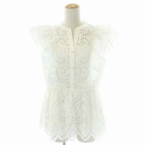 22SS フリルスタンドブラウス フレンチスリーブ スキッパー 刺繍 カットワーク 38 白 ホワイト