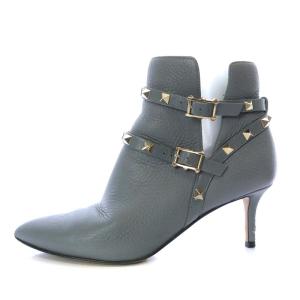 VALENTINO GARAVANI ブーティー ブーツ ショート ピンヒール ポインテッドトゥ ロックスタッズ レザー 36 23cm グレー