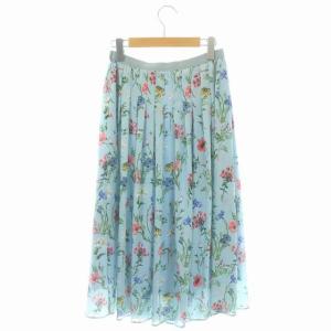 ANAYI 20SS ボタニカルフラワープリントタックスカート フレア ミモレ丈 ロング 花柄 38 水色 ライトブルー マルチカラー