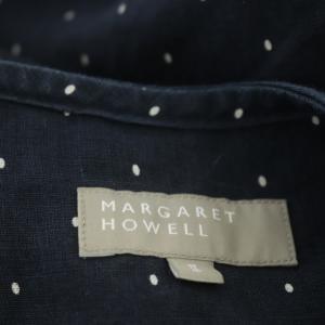 MARGARET HOWELL ワンピース リネン ノースリーブ ギャザー フレア 膝丈 ドット柄 ラウンドネック 2 紺 白 ネイビー ホワイト