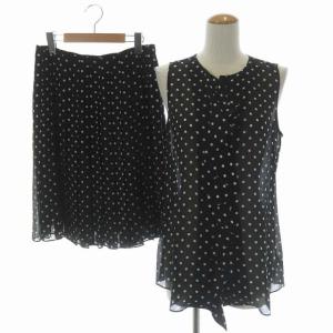 セットアップ 上下ドット ブラウス ノースリーブ プリーツスカート ひざ丈 S 0 黒 白 ブラック ホワイト