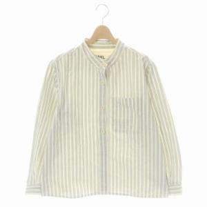 cotton Oxford strip長袖シャツ ストライプ バンドカラー プルオーバー ホワイト