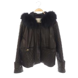 レザーキルティングジャケット 羊革 フード フォックスファー ジップアップ 38 ダークブラウン 黒 ブラック