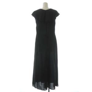 SHIPS 手洗い可能 ラッフルカラーフリルワンピース セミフレア リボン ロング フレンチスリーブ M 黒 ブラック