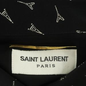 SAINT LAURENT PARIS エッフェル塔 シルク ワンピース シャツワンピース ミニ 長袖 F36 ブラック オフホワイト