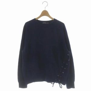 レースアッププルオーバー スウェット 長袖 クルーネック 裏起毛 ロゴ刺繍 LG ネイビー
