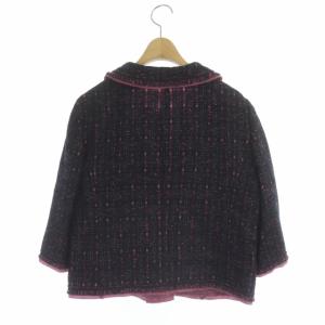 Leilian ツイードジャケット ステンカラー クロップド丈 七分袖 13 黒 ブラック ピンク