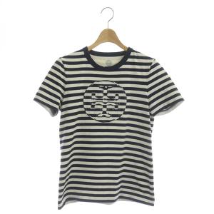 Tロゴ ボーダーTシャツ カットソー 半袖 クルーネック S 紺 ネイビー オフホワイト