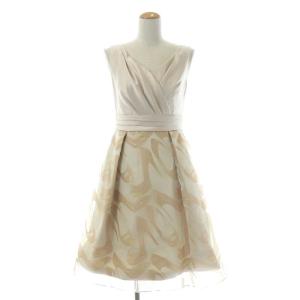 ハイヒールプリントワンピース ひざ丈 ノースリーブ 切替 36 ピンク ベージュ