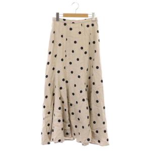 リネンドットフレアロングスカート M ベージュ 黒 ブラック