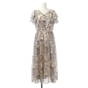 22AW ラインプリント ワンピース ロング 半袖 ボタニカル柄 Vネック ギャザー 36 ベビーベージュ ブラック