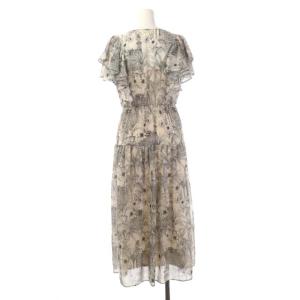 Diagram GRACE CONTINENTAL 22AW ラインプリント ワンピース ロング 半袖 ボタニカル柄 Vネック ギャザー 36 ベビーベージュ ブラック