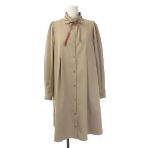 ワンピース 長袖 スタンドカラー フリル ひざ丈 36 ベージュ