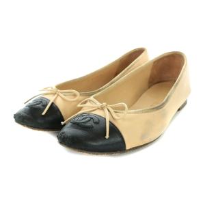 ココマーク バレエシューズ パンプス バイカラー リボン レザー 36 23cm ベージュ ブラック