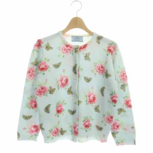 ニット ウール混 カーディガン 長袖 バタフライ ローズ クルーネック 36 ライトブルー