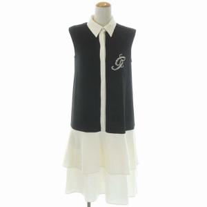 22SS ビジューロゴ配色ワンピース ノースリーブ ロング 36 白 黒 ホワイト ブラック