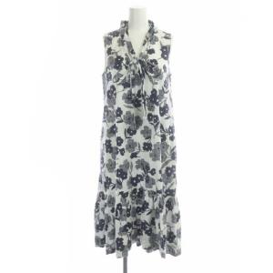 コットン ノースリーブ フラワープリント ワンピース ひざ丈 XS 白 紺 ホワイト ネイビー NJMU8633