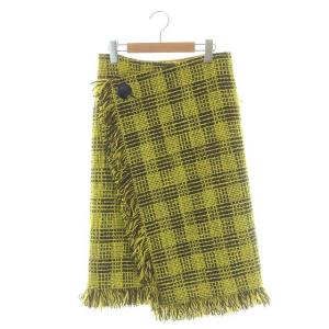 チェック柄ツイードラップスカート ニット ロング タイト フリンジ 36 イエロー ブラウン