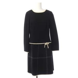 ウール 切り替え リボン ワンピース 長袖 膝丈 40 ブラック ホワイト