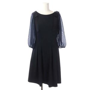 シアー袖ワンピース 七分袖 ミモレ丈 フレア タック 36 紺 ネイビー
