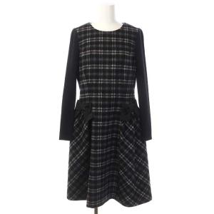 チェック リボン ワンピース 長袖 ミモレ丈 フレア 38 ブラック ホワイト