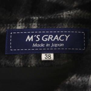 M'S GRACY チェック リボン ワンピース 長袖 ミモレ丈 フレア 38 ブラック ホワイト