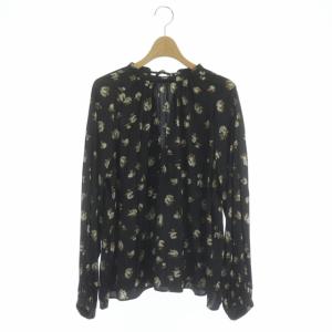 フラワープリント2WAYブラウス スタンドネック 長袖 ギャザー プルオーバー バックリボン 花柄 黒 ブラック 茶 ブラウン