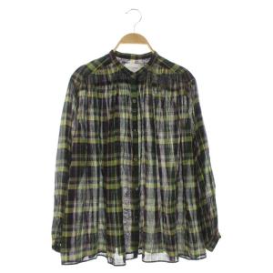 シアーチェックシャツ ブラウス バンドカラー 長袖 緑 黄色 マルチカラー グリーン イエロー