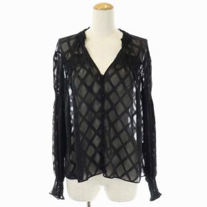 チェックジャガード シャーリングブラウス シースルー 長袖 36 黒 ブラック