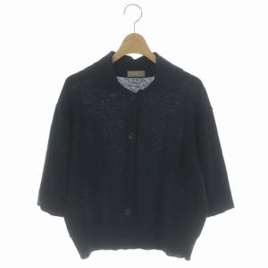 コットンリネン カーディガン ニット ラウンドカラー 八分袖 前開き 2 紺 ネイビー
