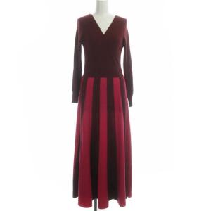 ニットワンピース ストライプ フレア ロング 長袖 36 ボルドー ピンク