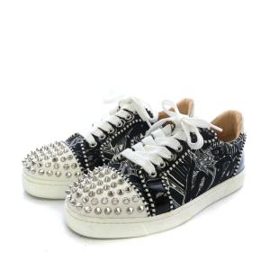 Christian Louboutin スニーカー ローカット スタッズ 総柄 サテン レザー エナメル  23cm ブラック ホワイト