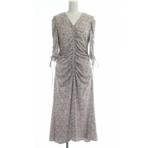 20SS 小花柄プリントワンピース ロング フレア 七分袖 Vネック 総柄 36 ライトブルー ライトピンク オレンジ色