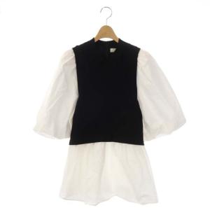 21SS シャツレイヤードニットプルオーバー カットソー チュニック 五分袖 ボリュームスリーブ 38 ブラック ホワイト