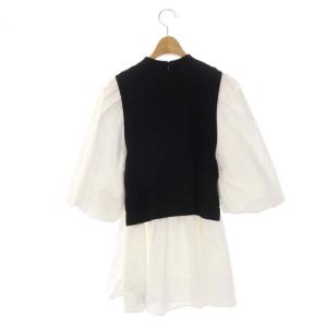 CELFORD 21SS シャツレイヤードニットプルオーバー カットソー チュニック 五分袖 ボリュームスリーブ 38 ブラック ホワイト