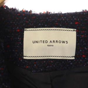 UNITED ARROWS ツイードジャケット ノーカラー ダブルポケット 38 ネイビー レッド ブラック