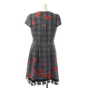 M'S GRACY 千鳥格子フラワー柄ワンピース ロング 半袖 38 ブラック ホワイト レッド