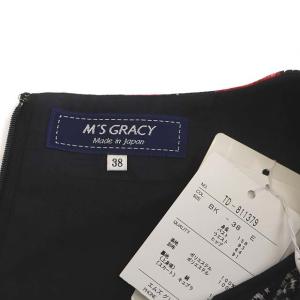 M'S GRACY 千鳥格子フラワー柄ワンピース ロング 半袖 38 ブラック ホワイト レッド