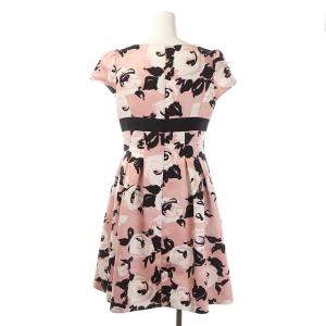 M'S GRACY リボンフラワー柄ワンピース フレア 膝丈 半袖 38 ピンク 黒 白 ブラック ホワイト