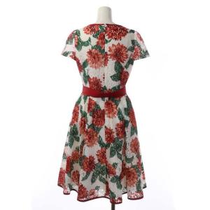 M'S GRACY フラワー柄ワンピース 半袖 ミモレ丈 フレア 38 赤 白 緑