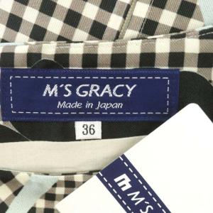 M'S GRACY チェックフラワー柄ワンピース ロング ノースリーブ 花柄 フレア 36 シャンパンベージュ ブルーグレー 黒 ブラック