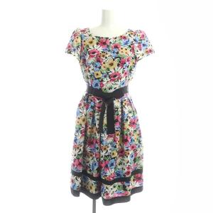 フラワーワンピース ロング ミモレ丈 半袖 花柄 ボタニカル柄 フレア リボンベルト付き 38 マルチカラー