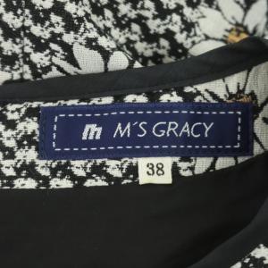 M'S GRACY マーガレットジャカードワンピース 膝丈 長袖 フレア ニット切替 38 黒 白 ベージュ ブラック ホワイト