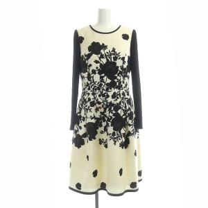 Dramatic Flower Dressワンピース ロング 長袖 フレア 花柄 ニット切替 38 オフホワイト ブラック