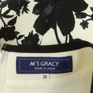M'S GRACY Dramatic Flower Dressワンピース ロング 長袖 フレア 花柄 ニット切替 38 オフホワイト ブラック