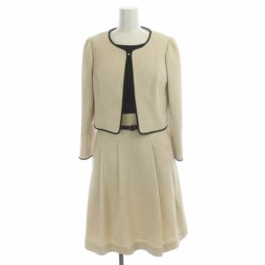 ワンピースセットアップスーツ ノーカラージャケット ドッキング 膝丈 半袖 ドット 水玉 ベルト付き 38 ライトベージュ