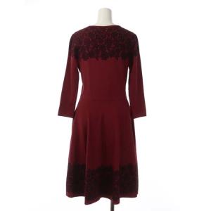 M'S GRACY 総柄ニットワンピース 長袖 ミモレ丈 フレア 花柄 38 レッド ブラック